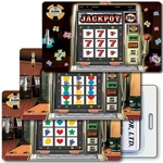 Lenticular Standard Luggage Tag with Clear Plastic Loop, Horizontal animated slot machine image.  When tilted the handle is pulled and the slot machine hits the jackpot and chips appear, LT01-951H