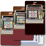 Lenticular Standard Luggage Tag with Clear Plastic Loop, Vertical animated slot machine image.  When tilted the handle is pulled and the slot machine hits the jackpot and chips appear, LT01-951V