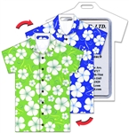 Lenticular T-Shirt Shaped Luggage Tag with Clear Plastic Loop, Flip White Hawaiian Flowers Green & Blue Shirt LTST-357