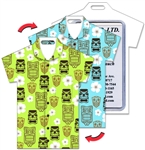 Lenticular T-Shirt Shaped Luggage Tag with Clear Plastic Loop, Flip Tiki Masks & White Hawaiian Flowers Green & Turquoise Shirt LTST-358