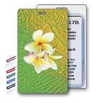 Lenticular Standard Luggage Tag with Clear Plastic Loop, 3D image of a white flower against a green/ yellow pattern background, LT01-213