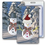 Lenticular Standard Luggage Tag with Clear Plastic Loop, Flips from an image of a snowman to an image of a snowman dressed as Santa.  Winter trees and snow are found in the background, LT01-901